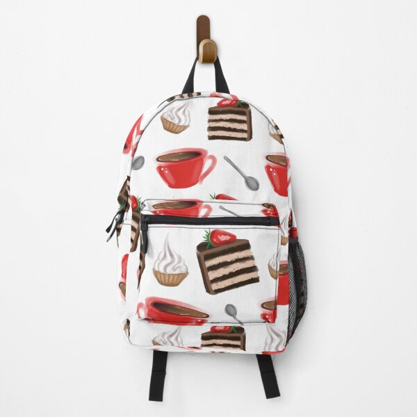 Item preview, Pattern of cakes, coffee and spoons on a white background. It is painted in bright colors, with shades of strawberry and chocolate in the foreground. designed and sold by Aksena.