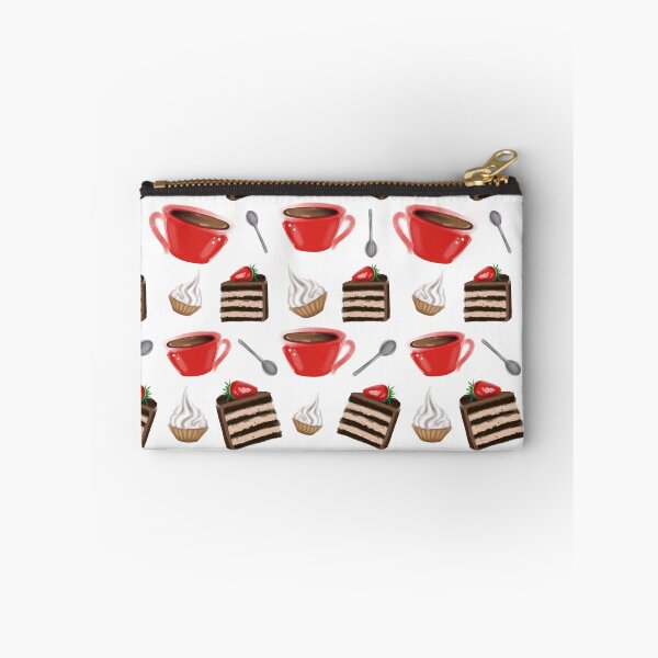 Item preview, Pattern of cakes, coffee and spoons on a white background. It is painted in bright colors, with shades of strawberry and chocolate in the foreground. designed and sold by Aksena.