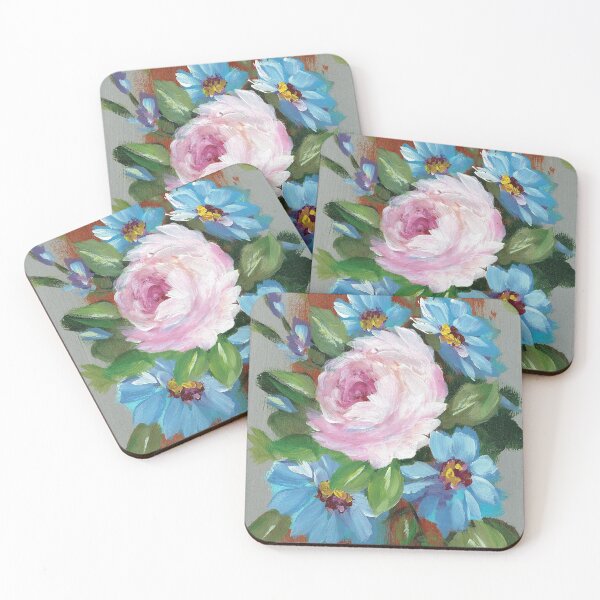 Item preview, Single Pink Rose Surrounded by Blue Flowers designed and sold by Smalltownart.