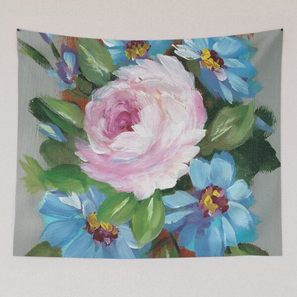 Item preview, Single Pink Rose Surrounded by Blue Flowers designed and sold by Smalltownart.