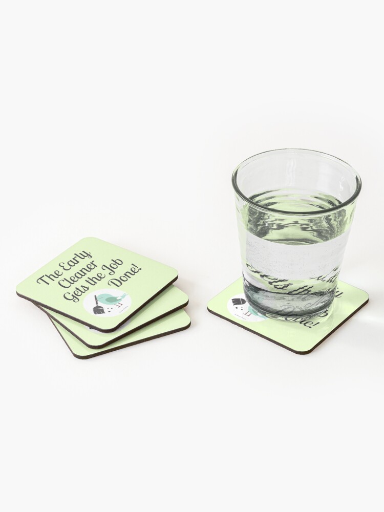 Alternate view of The Early Cleaner Gets The Job Done Bird Broom Humor Coasters (Set of 4)