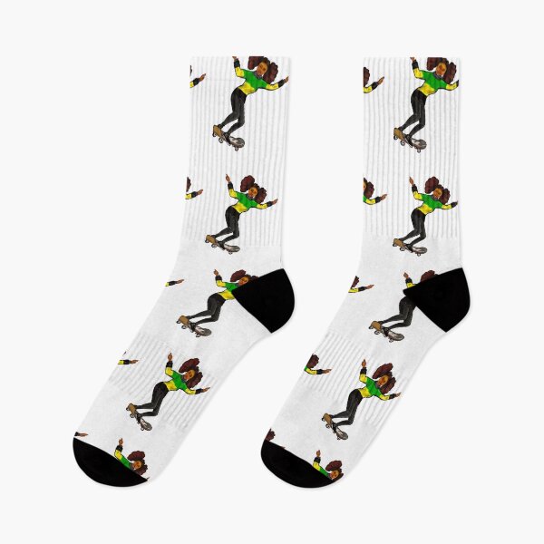 Aperçu de l'œuvre Jamaïque jumper skateboarding- manga anime fille jamaïcaine sur une planche à roulettes portant un pull aux couleurs du drapeau jamaïcain en noir vert et jaune créée et vendue par Artonmytee.
