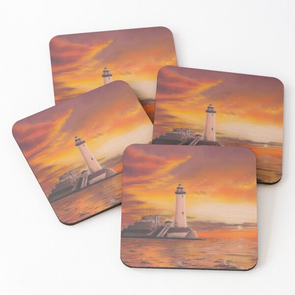 Item preview, Warm Lighthouse Ocean Sunset with Vibrant Orange and Yellow Clouds, A Pastel Seascape  designed and sold by PrettyLittlePic.