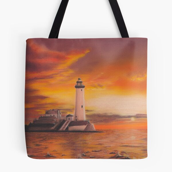Item preview, Warm Lighthouse Ocean Sunset with Vibrant Orange and Yellow Clouds, A Pastel Seascape  designed and sold by PrettyLittlePic.