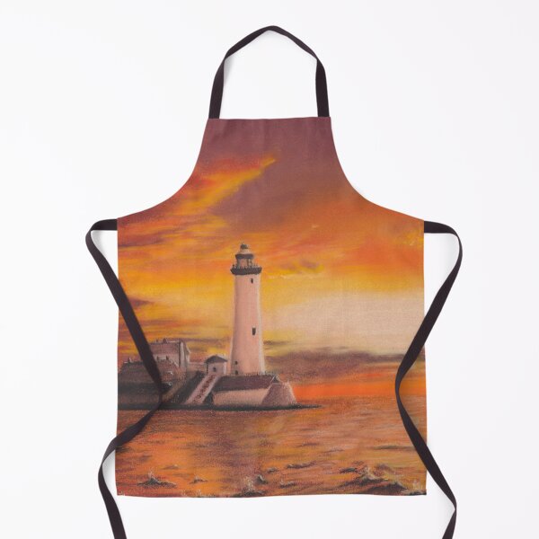 Item preview, Warm Lighthouse Ocean Sunset with Vibrant Orange and Yellow Clouds, A Pastel Seascape designed and sold by PrettyLittlePic.