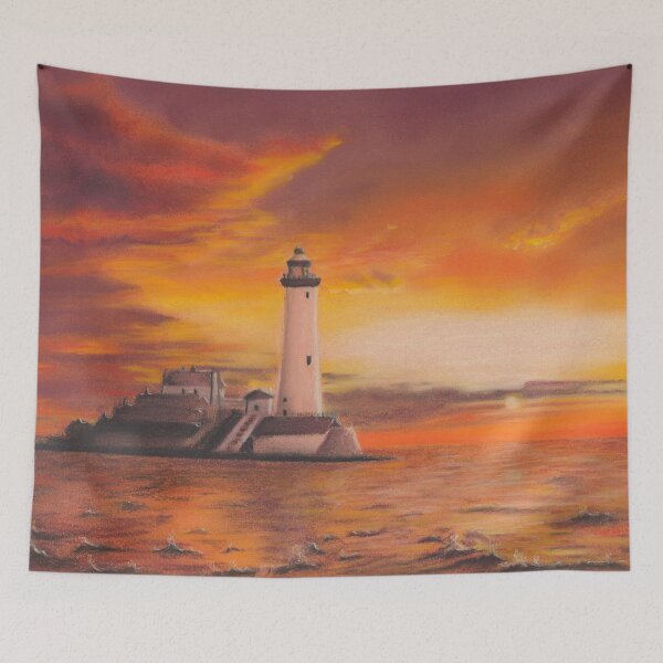 Item preview, Warm Lighthouse Ocean Sunset with Vibrant Orange and Yellow Clouds, A Pastel Seascape  designed and sold by PrettyLittlePic.