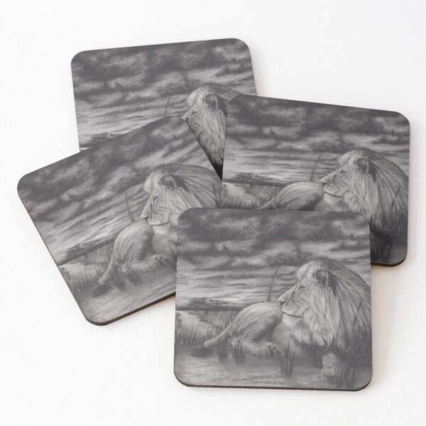 Item preview, Charcoal Drawing in Black and White of a Lion With the Sun Setting on the Savanna designed and sold by PrettyLittlePic.
