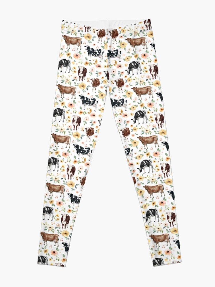 Imagen 3 de 5, Leggings con la obra Estampado floral de vaca, flores amarillas, floral rosa, vaquera, pintura de vaca, país, diseñada y vendida por cateandrainn.