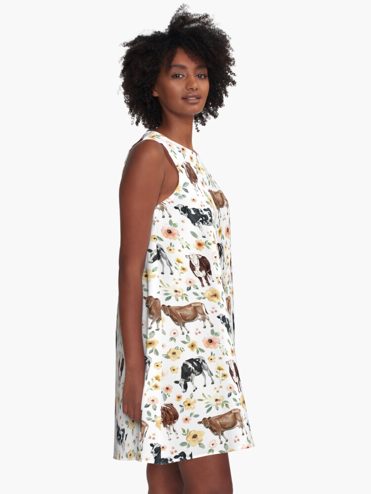 Imagen 2 de 4, Vestido acampanado con la obra Estampado floral de vaca, flores amarillas, floral rosa, vaquera, pintura de vaca, país, diseñada y vendida por cateandrainn.