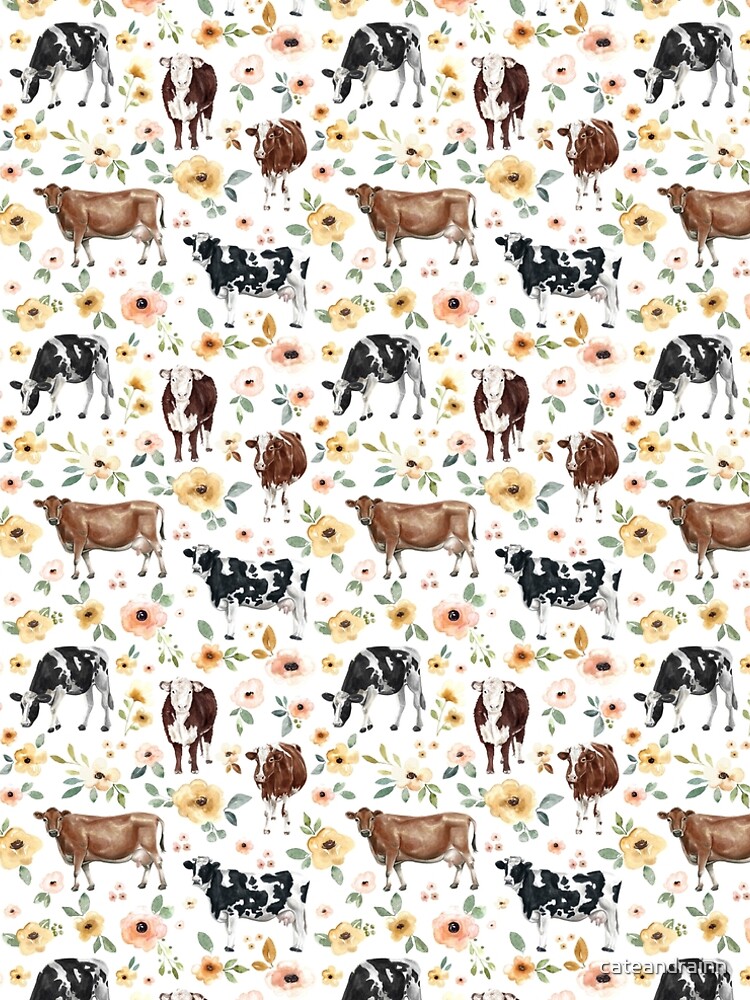 Imagen 4 de 4, Vestido acampanado con la obra Estampado floral de vaca, flores amarillas, floral rosa, vaquera, pintura de vaca, país, diseñada y vendida por cateandrainn.
