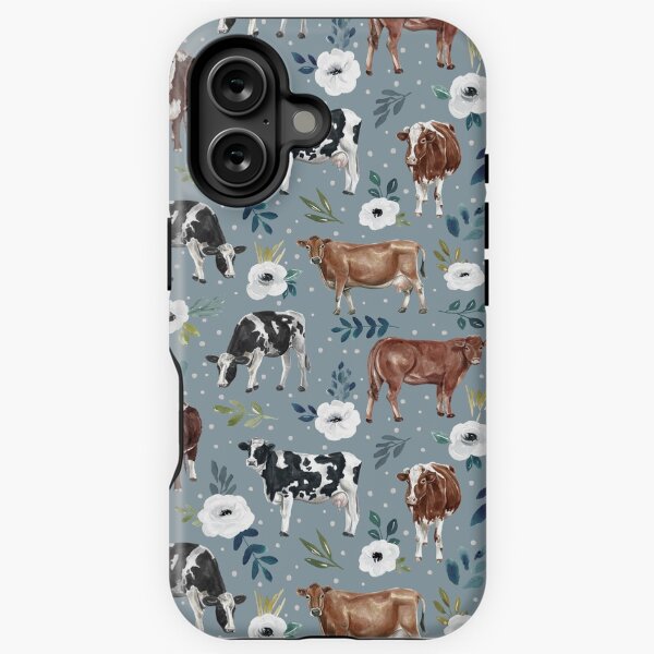 Vista previa del artículo con la obra «Estampado de vaca, floral, azul, occidental, pintura de vaca, decoración de granja», diseñado y vendido por cateandrainn.
