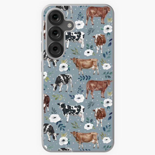 Vista previa del artículo con la obra «Estampado de vaca, floral, azul, occidental, pintura de vaca, decoración de granja», diseñado y vendido por cateandrainn.