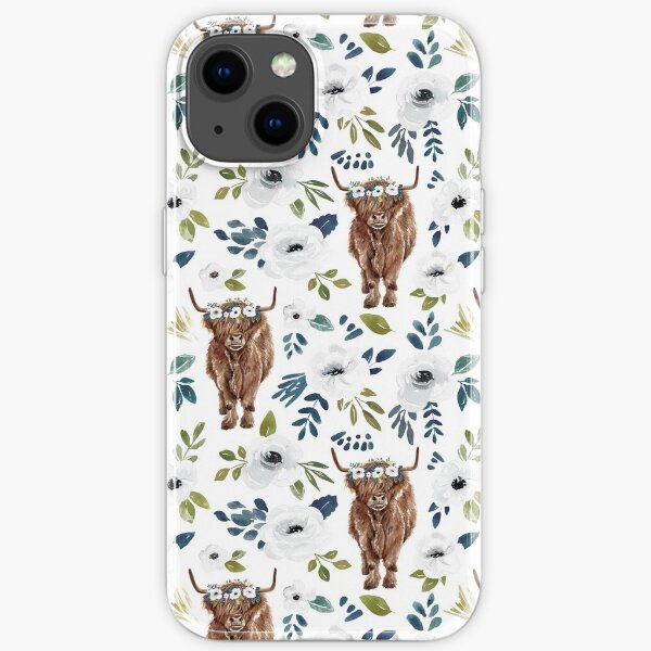 Highland Cow, Floral, Floral Crown, Cow Painting, Farmhouse Decor iPhone Soft Case