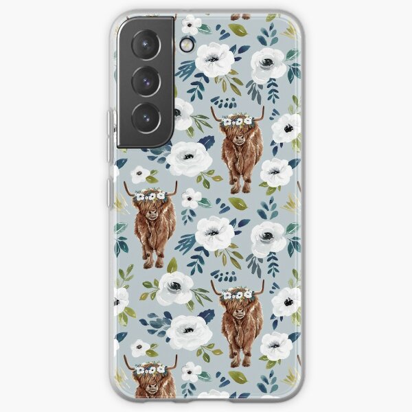 Highland Cow with Flowers, Blue, Floral Crown, Cow Painting, Farmhouse Decor Samsung Galaxy Soft Case