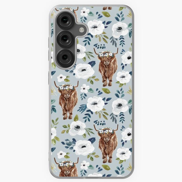Vista previa del artículo con la obra «Highland Cow con flores, azul, corona floral, pintura de vaca, decoración de granja», diseñado y vendido por cateandrainn.