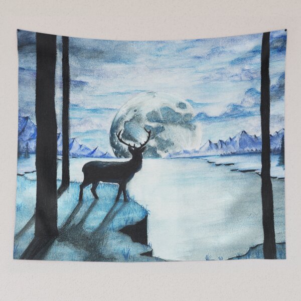 Item preview, Whimsical Nighttime Landscape Moonlit Lake with Deer in Forest designed and sold by PrettyLittlePic.