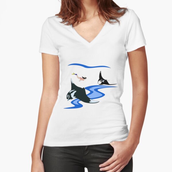 Manta Ray and Free Diver Fitted V-Neck T-Shirt
