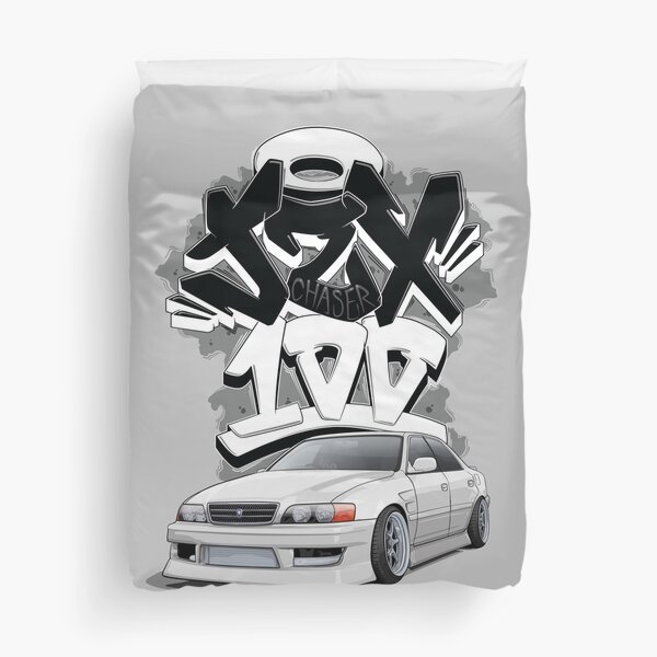 Chaser jzx100 (white) with graffiti background, Duvet Cover
