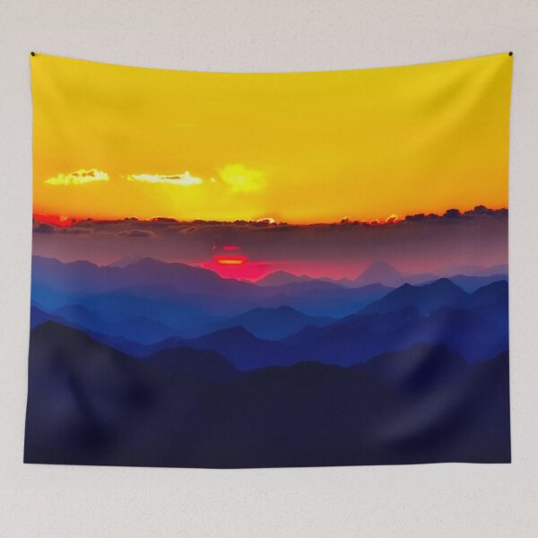 Item preview, Austria dark blue mountains silhouette yellow orange sky sunrise landscape designed and sold by August-E.
