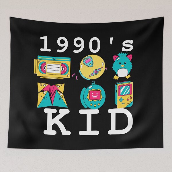 Item preview, 1990s Kid T-shirt, Retro Vintage VHS Video Tape Discman Furby Chatterbox Tamagotchi Game Boy T-shirt White Ink designed and sold by KananiandKiki.