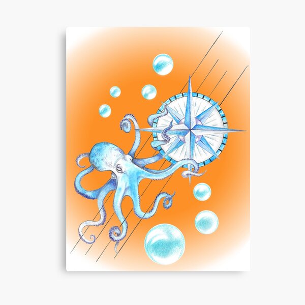 Blue octopus and Wind rose Canvas Print