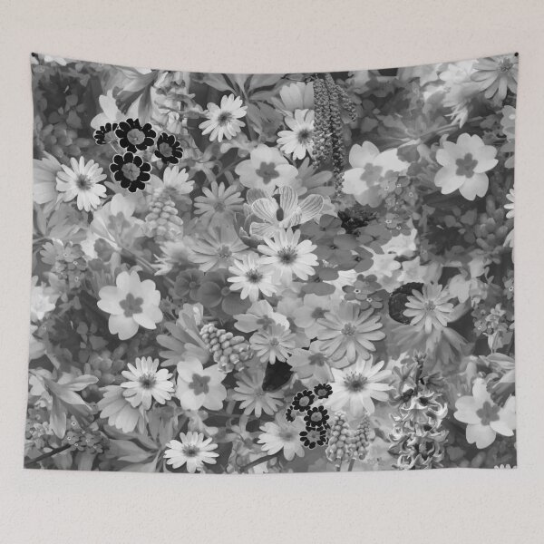 Item preview, Black and white plant artwork floral pattern with daisies, gerberas, hyacinthes, violets and wild flowers for decoration designed and sold by hyggekrog.