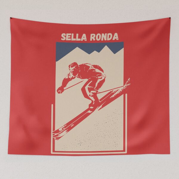 Item preview, Vintage Red Geometric Ski Poster for Mountain Alpine Skier with the name of the Italian ski resort Sella Ronda designed and sold by Vintage-TM.