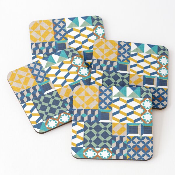 Item preview, Geometric tiles inspiration patchwork // goldenrod yellow greige copper brown jade green peacock classic and midnight blue designed and sold by SelmaCardoso.