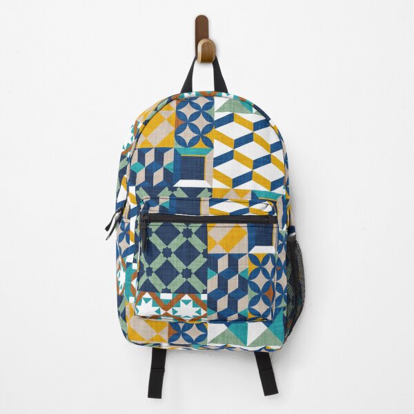 Item preview, Geometric tiles inspiration patchwork // goldenrod yellow greige copper brown jade green peacock classic and midnight blue designed and sold by SelmaCardoso.