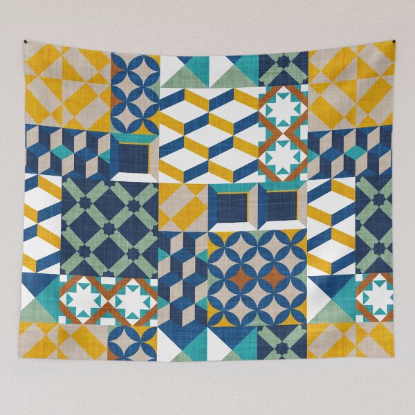 Item preview, Geometric tiles inspiration patchwork // goldenrod yellow greige copper brown jade green peacock classic and midnight blue designed and sold by SelmaCardoso.