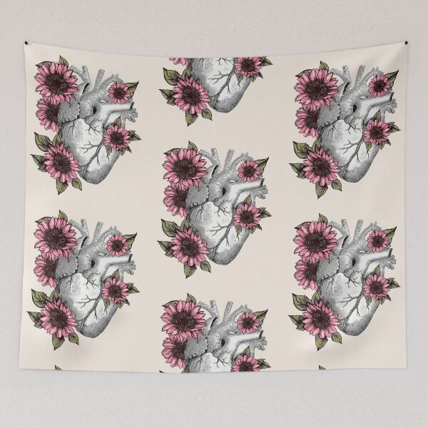 Item preview, Human heart with pink sunflowers illustration, vintage effect designed and sold by Collagedream.
