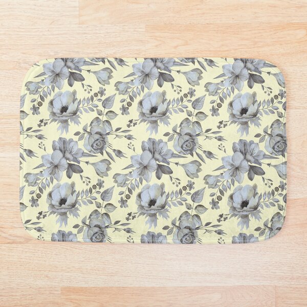 Silver flowers on yellow Bath Mat