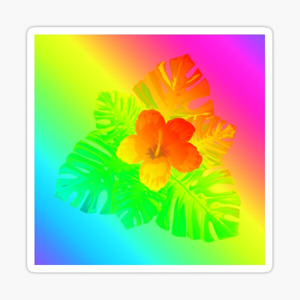 Tropical Rainbow Multicolor Hibiscus Leaves Orange Flower Green Leaves Sticker