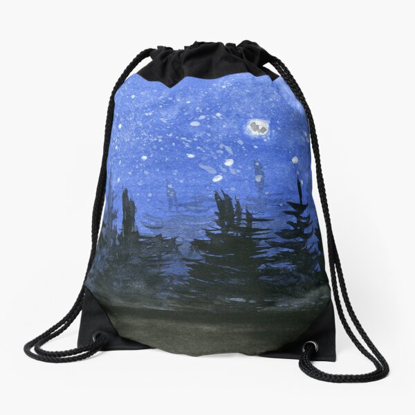 Moonlight at the Forest. Original Watercolor Painting Drawstring Bag