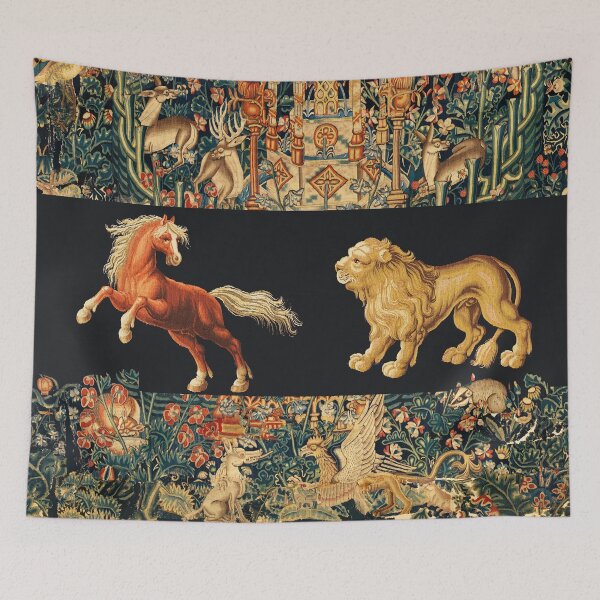 Item preview, RED HORSE AND LION AMONG FOREST ANIMALS IN NAVY BLUE designed and sold by BulganLumini.