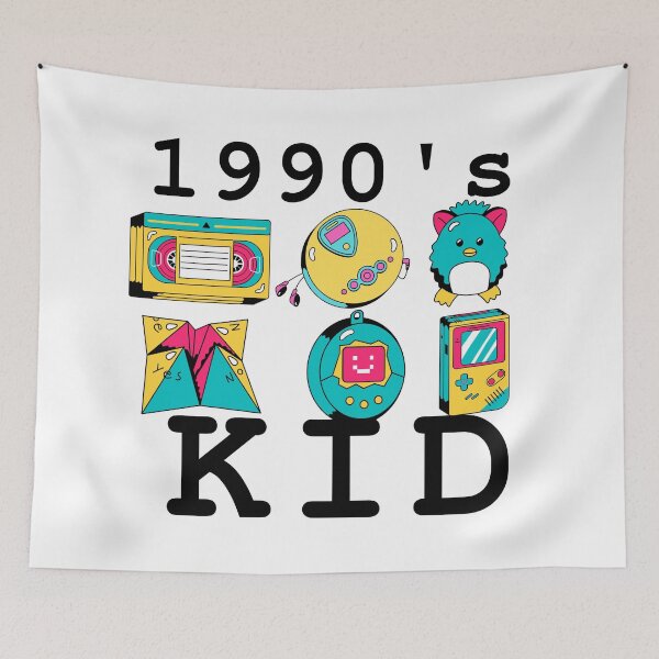 Item preview, 1990s Kid T-shirt, Retro Vintage VHS Video Tape Discman Furby Chatterbox Tamagotchi Game Boy T-shirt Black Ink designed and sold by KananiandKiki.