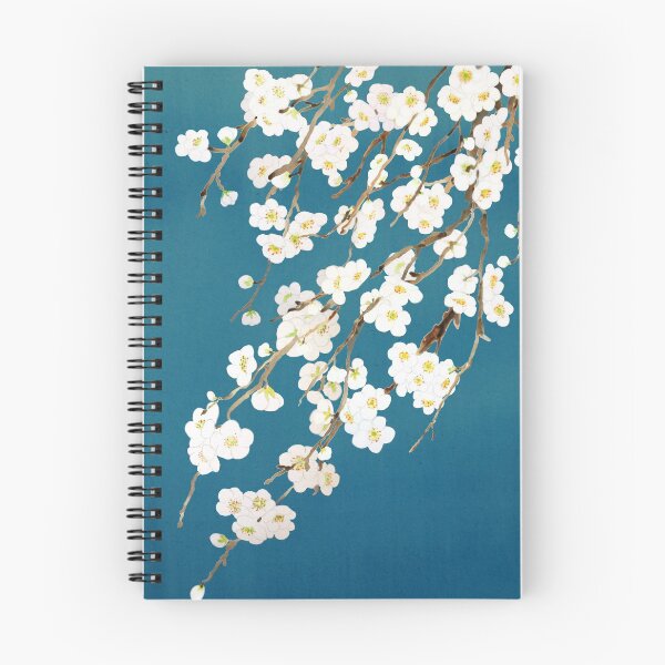 Item preview, white plum flowers blossom in blue background watercolor designed and sold by ColorandColor.