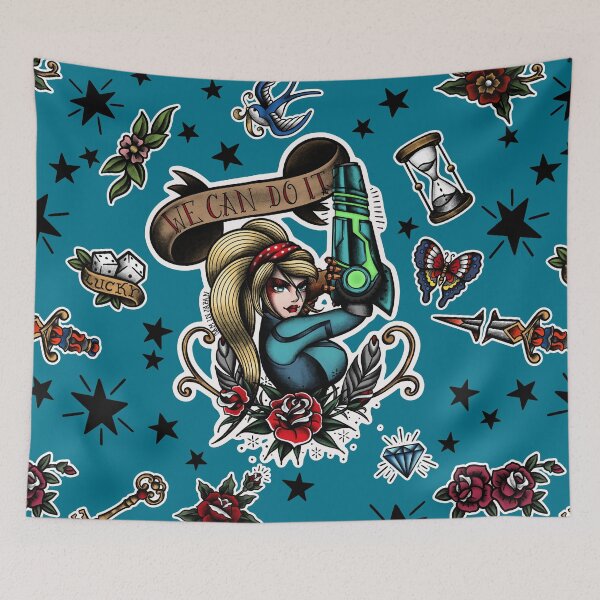 Item preview, Samus Aran from Metroid in American Traditional Tattoo Portrait Style designed and sold by SamInJapan.