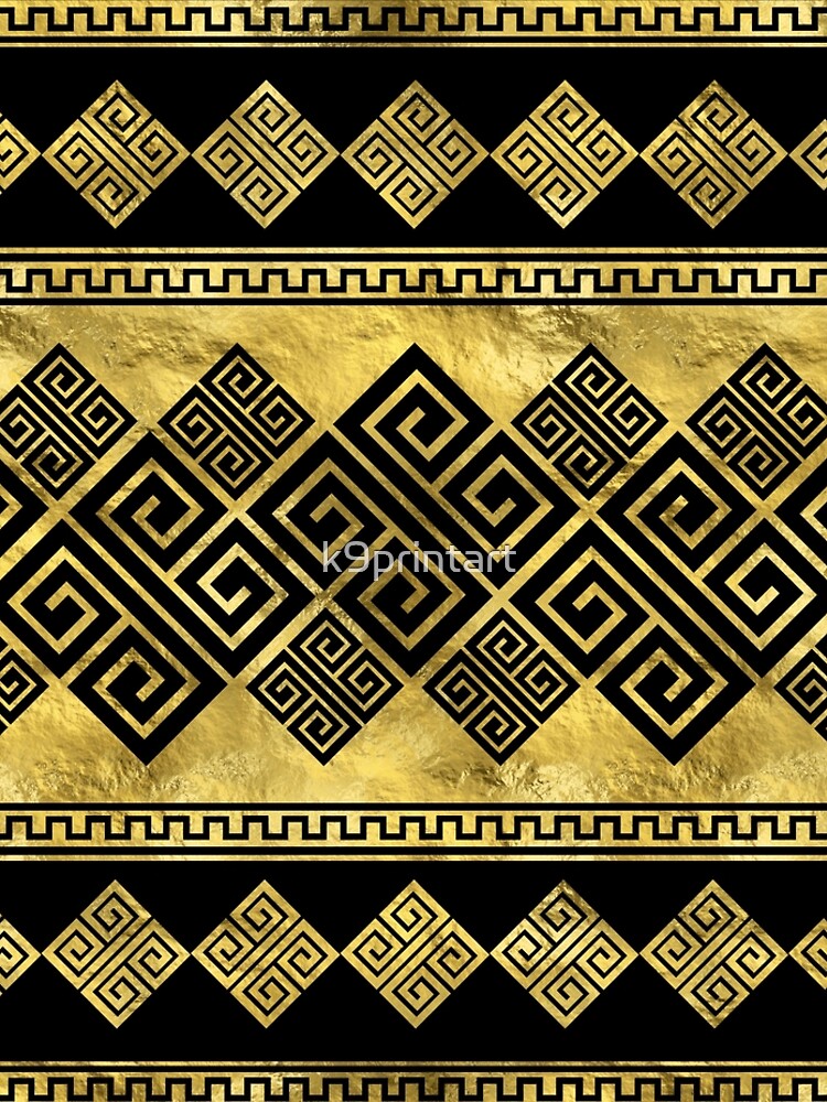 Mosaic Greek Meander Greek Key Black and Gold  Leggings for Sale