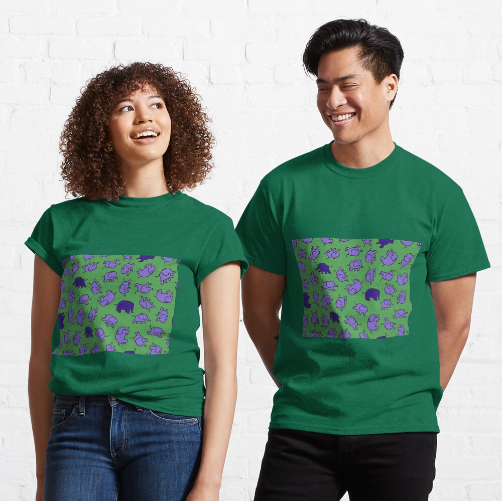 Elephants - Lilac and Blue on Green - cute, fun pattern by Cecca Designs Classic T-Shirt