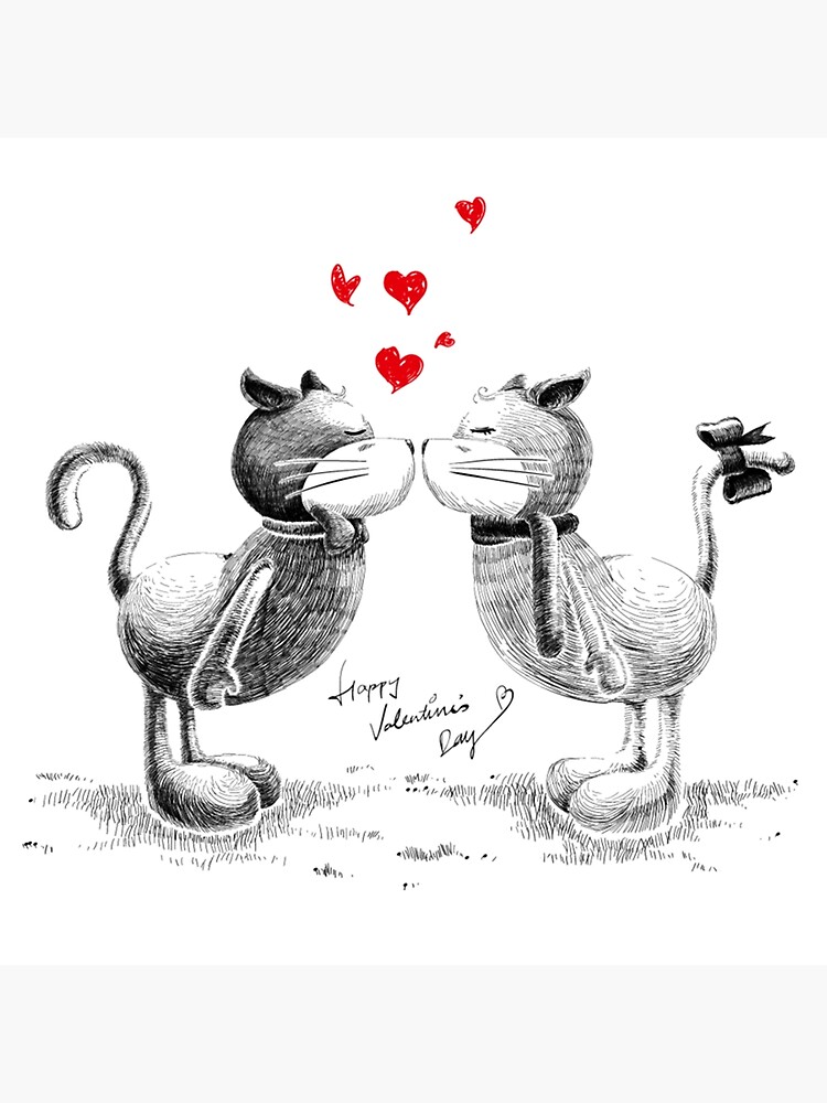 "Cat Couple in Love Kiss Pencil Drawing" Poster for Sale by Cat2D