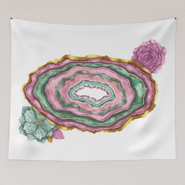 Item preview, watercolor pink crystal with flowers, geode, gemstone, geology, agate slice, boho crystal, watercolor crystal, witch aesthetic, gold crystal designed and sold by Anaïs Illustration.