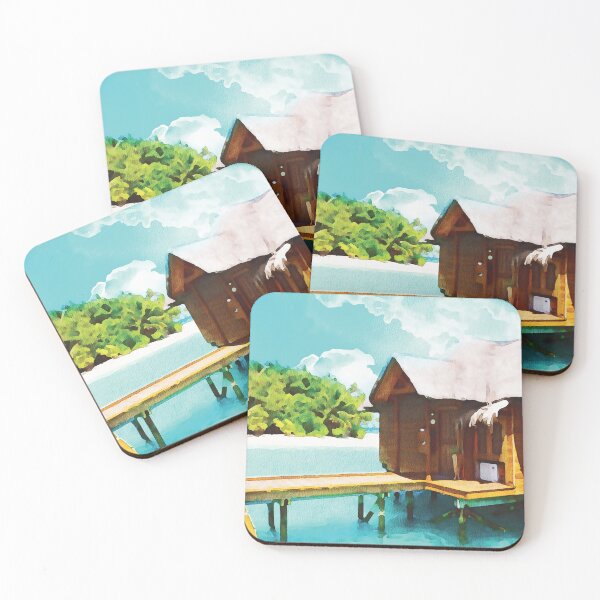 Item preview, Maldives coastal beach hut scene, watercolour effect designed and sold by Gerald Waters.
