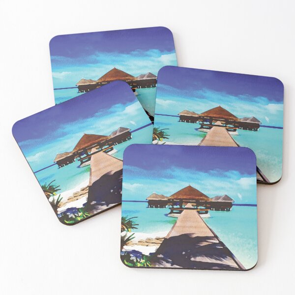 Item preview, Maldives coastal beach hut scene, watercolour effect designed and sold by Gerald Waters.
