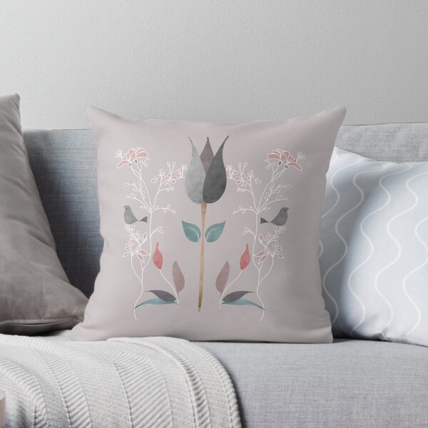 Single Tulip. William Morris Inspired Victorian, elegant regal mushroom grey and blush pink floral pattern Throw Pillow