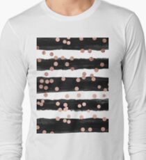 Girly rose gold confetti black watercolor stripes Long Sleeve T-Shirt