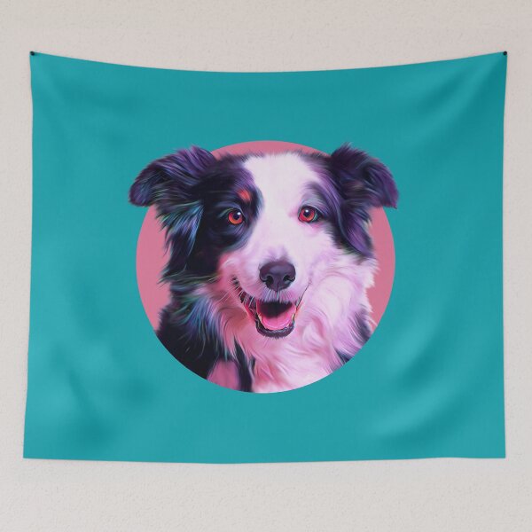 Item preview, Happy Border collie on pink and teal background graphic design designed and sold by forziati design.