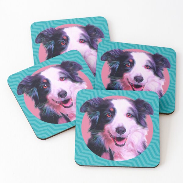 Item preview, Happy Border collie on pink and teal background graphic design designed and sold by forziati design.