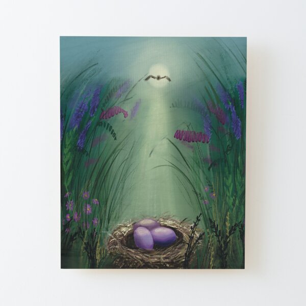 Bird’s nest among purple, meadow flowers Wood Mounted Print