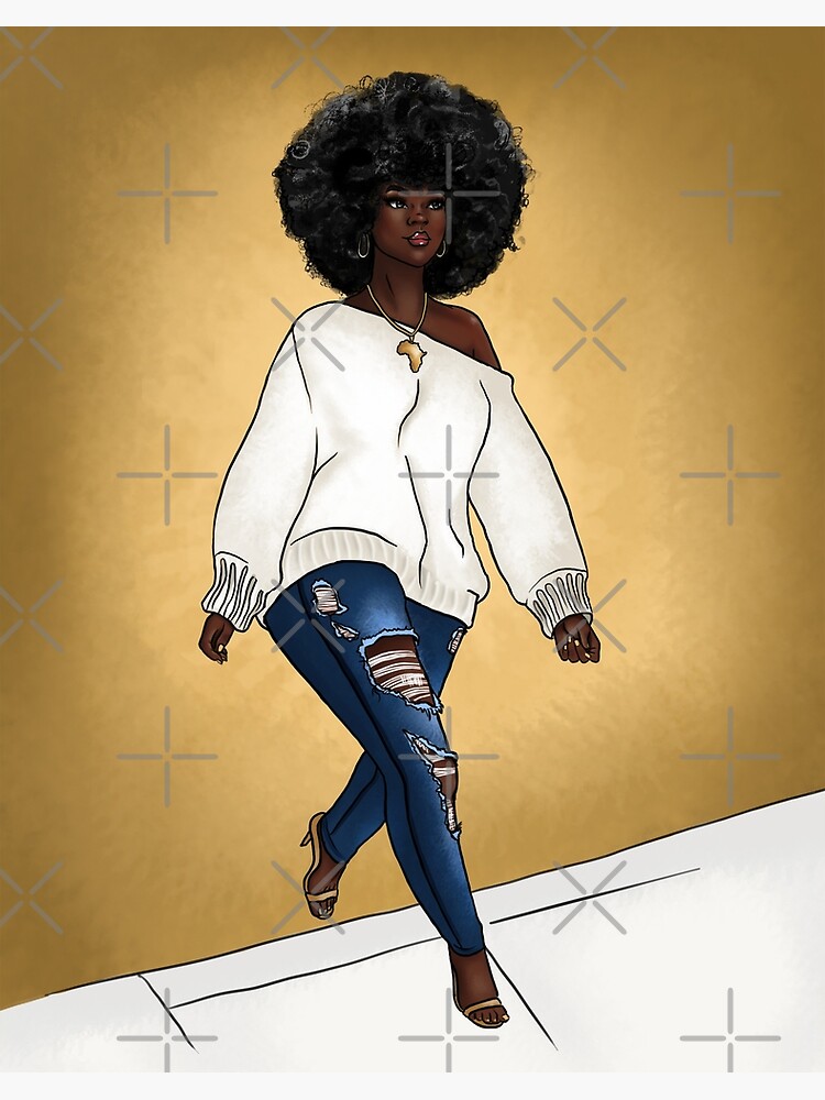 Curvy Dark Skin Black woman with big afro - African American Art | Art  Board Print